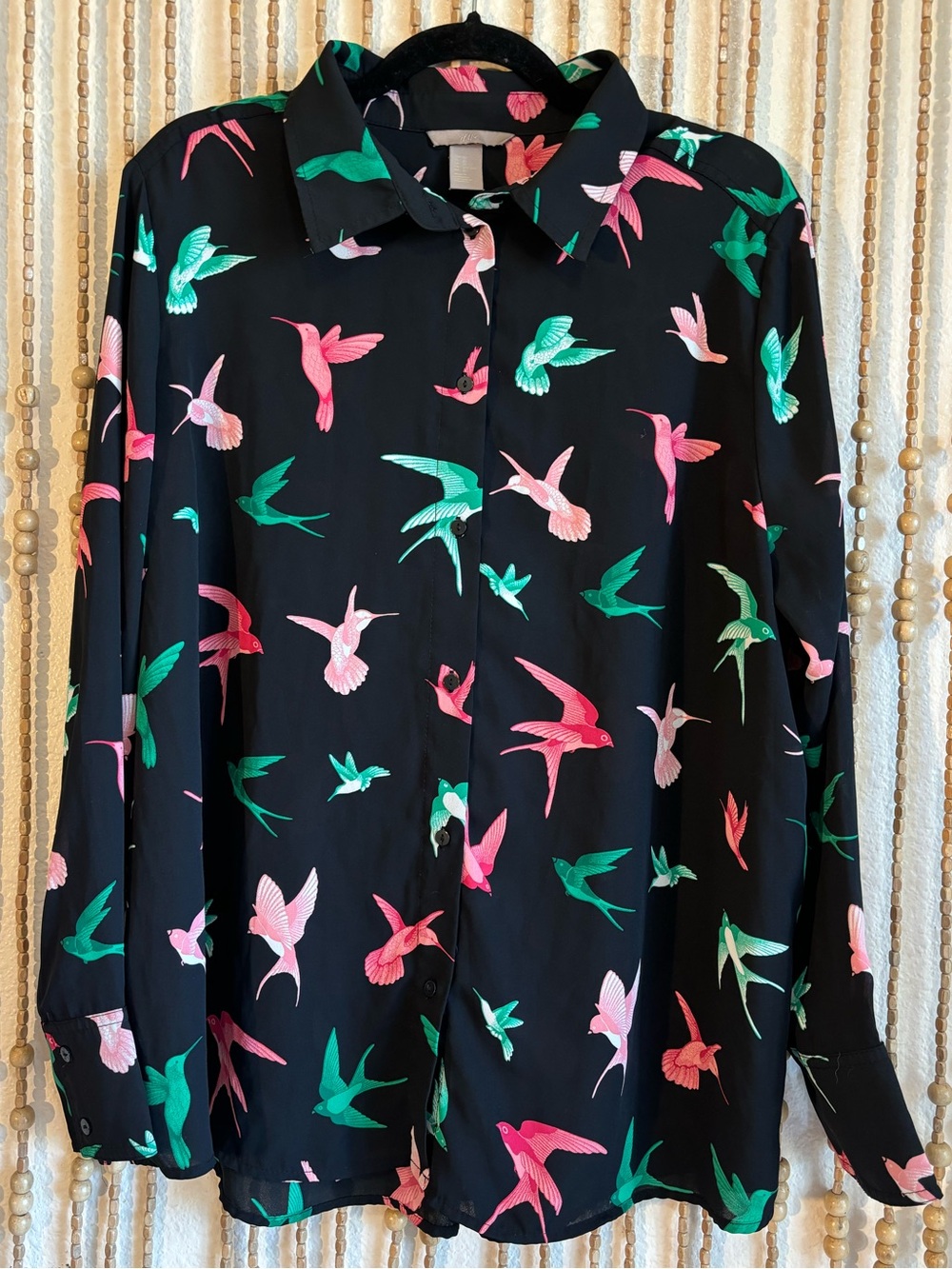 H&M Black Pink Green Hummingbird Print Collared Button Down Long Sleeve Blouse